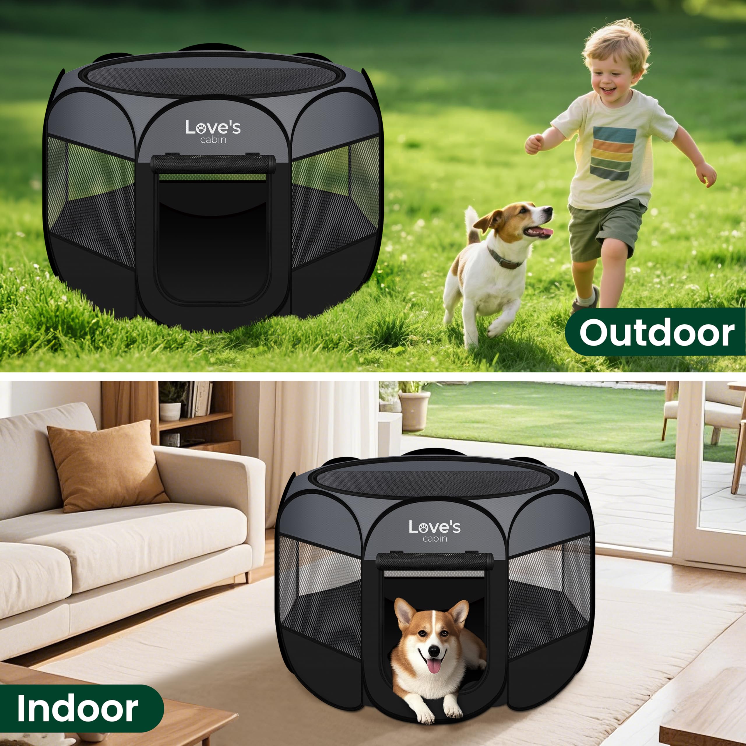 Love's cabin zippered door offers easy in/out for pets.