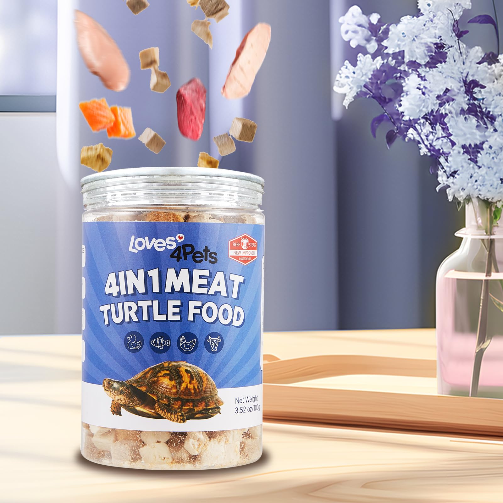 Loves4Pets ingredient close-up shows high-quality proteins for turtle health.