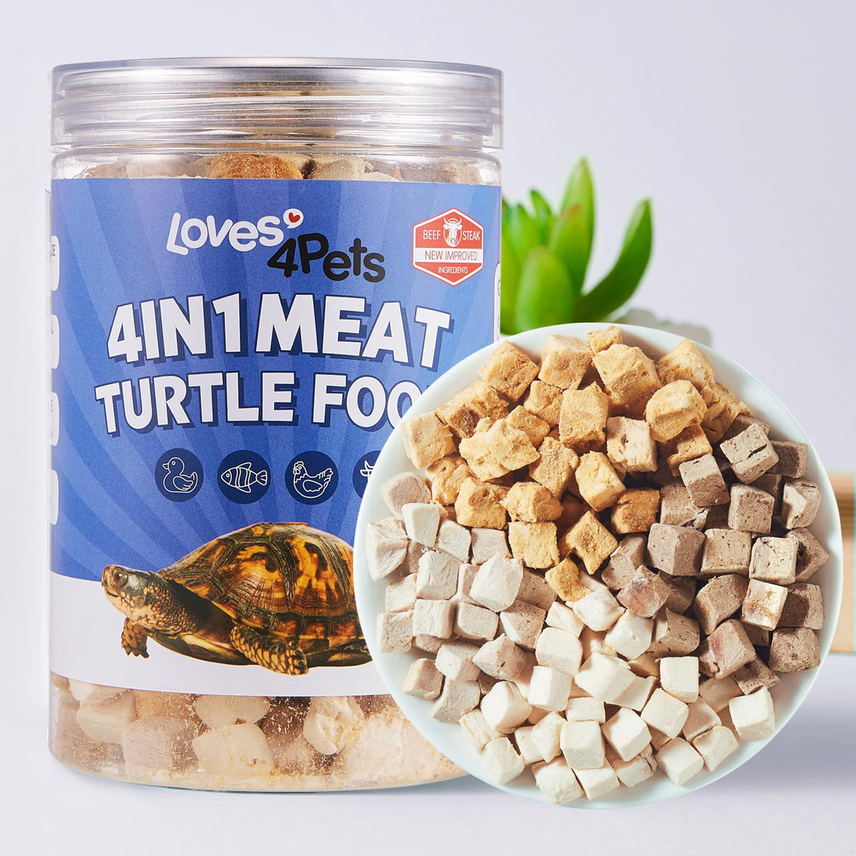 Loves4Pets freeze-dried turtle food pellets with chicken, duck, salmon, beef for balanced nutrition.