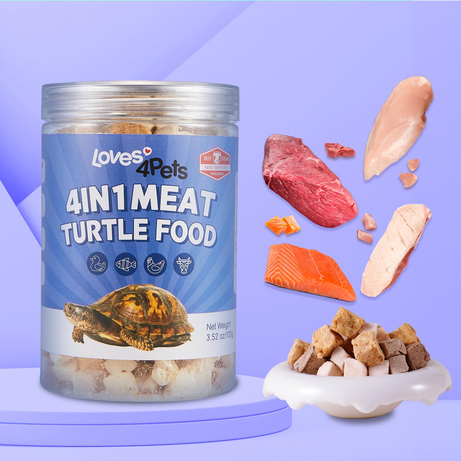 Loves4Pets turtle food supports healthy shells and immune wellness.