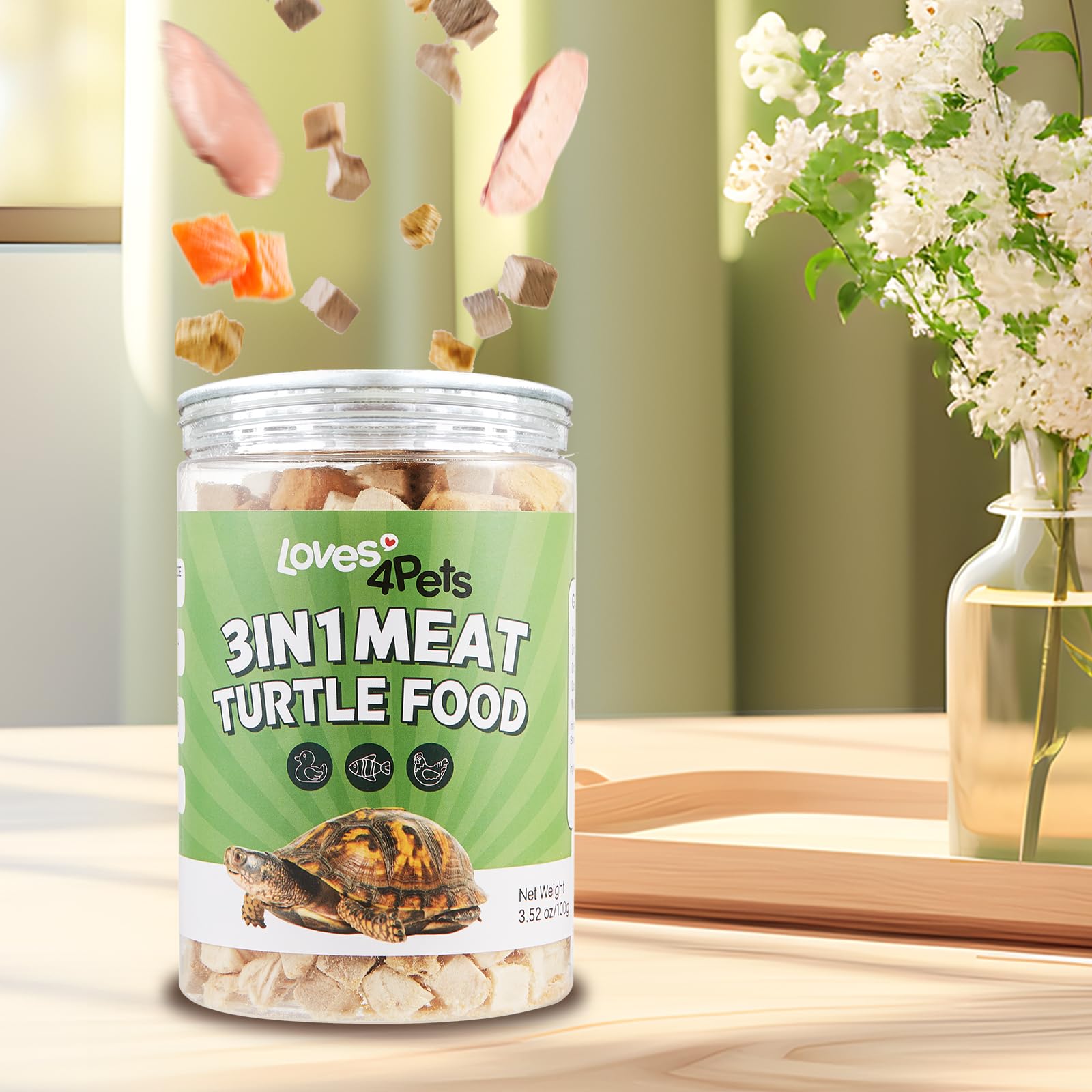 Loves4Pets turtle food nutrient-rich formula with vitamins and minerals.