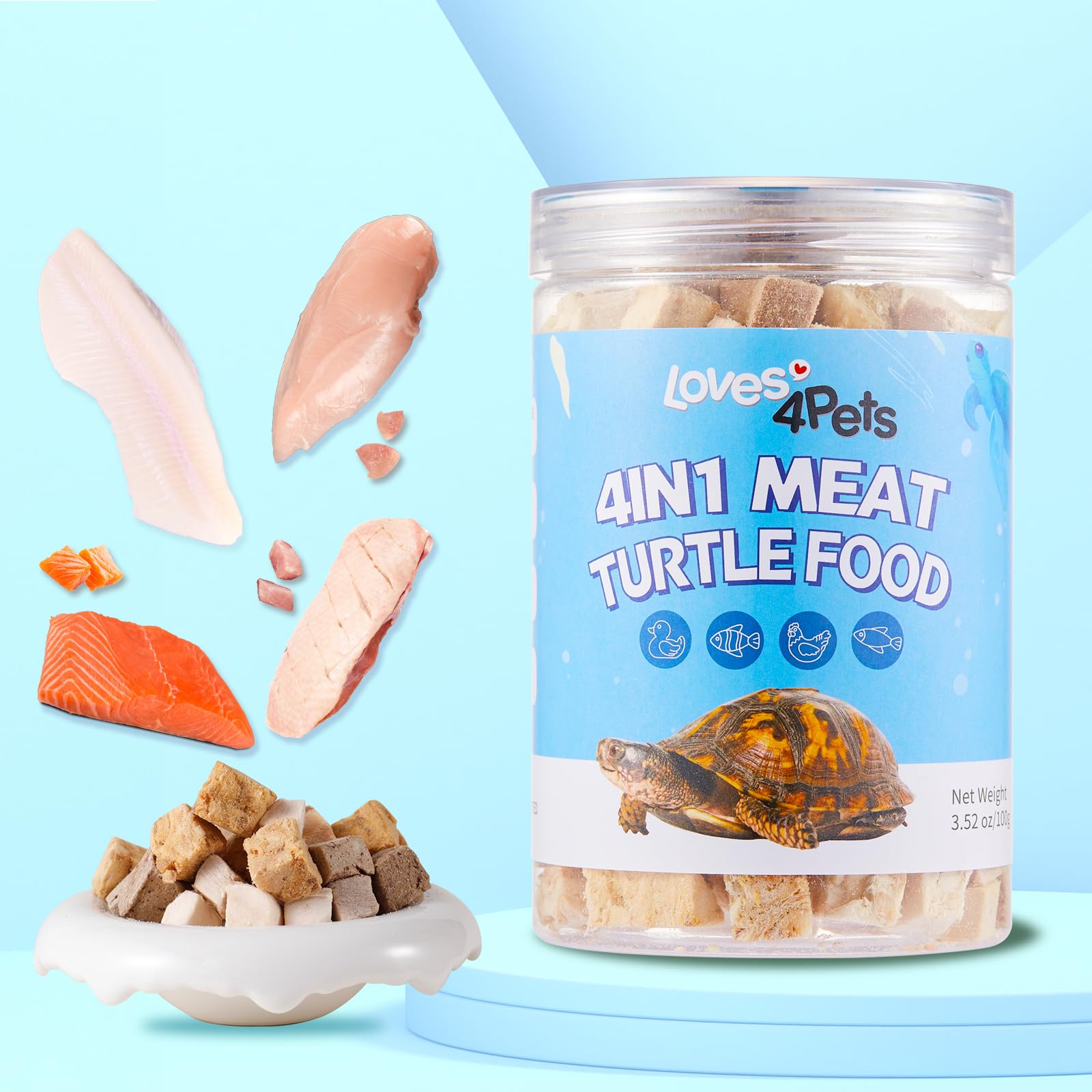 Loves4Pets Turtle Food stored at room temperature keeps ingredients ready for mealtime.