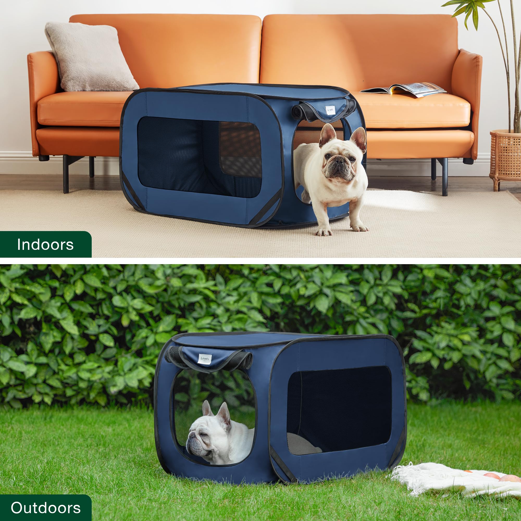 Love's cabin collapsible kennel folded compactly for storage.