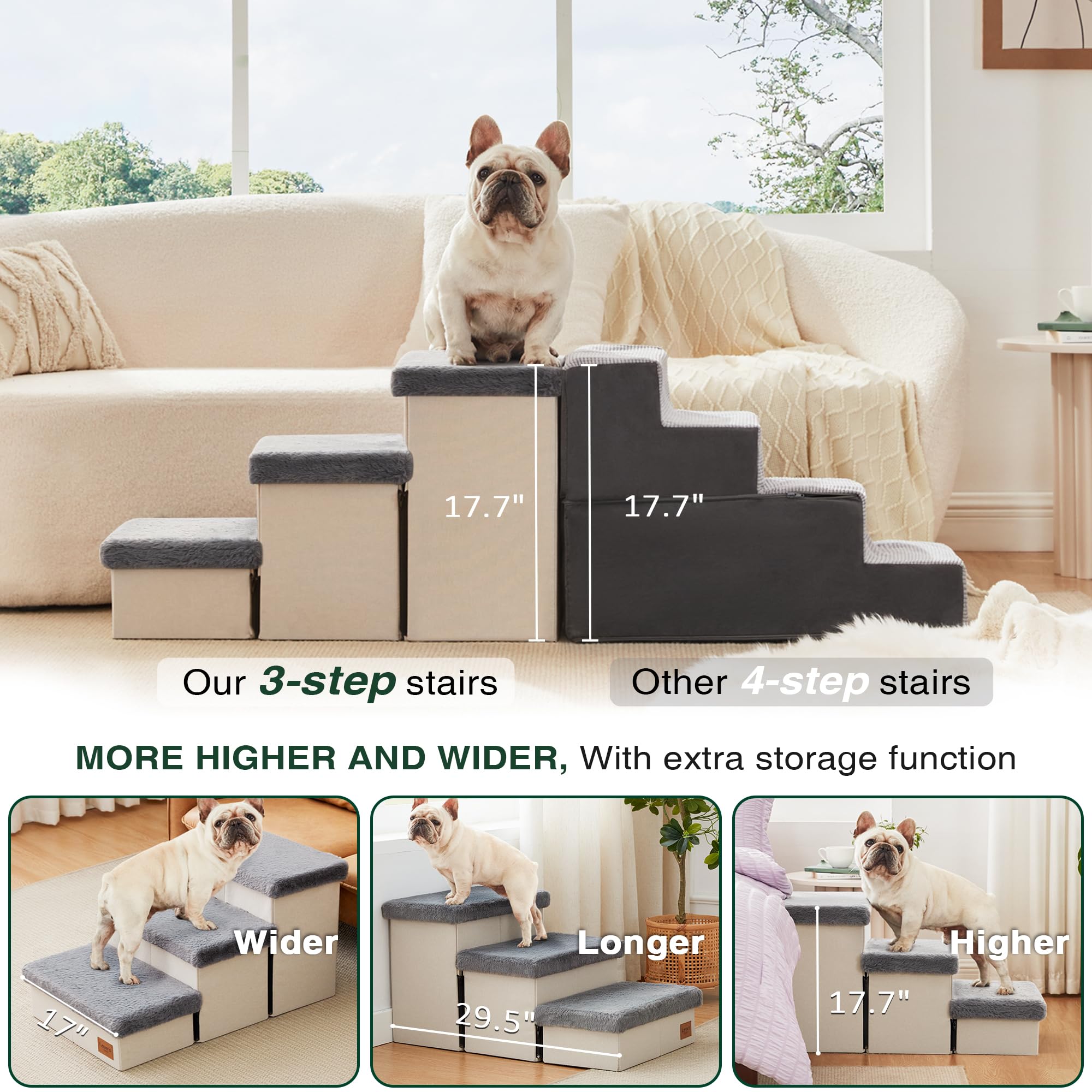 Love's cabin dog stairs grey on couch demonstrates easy bed access