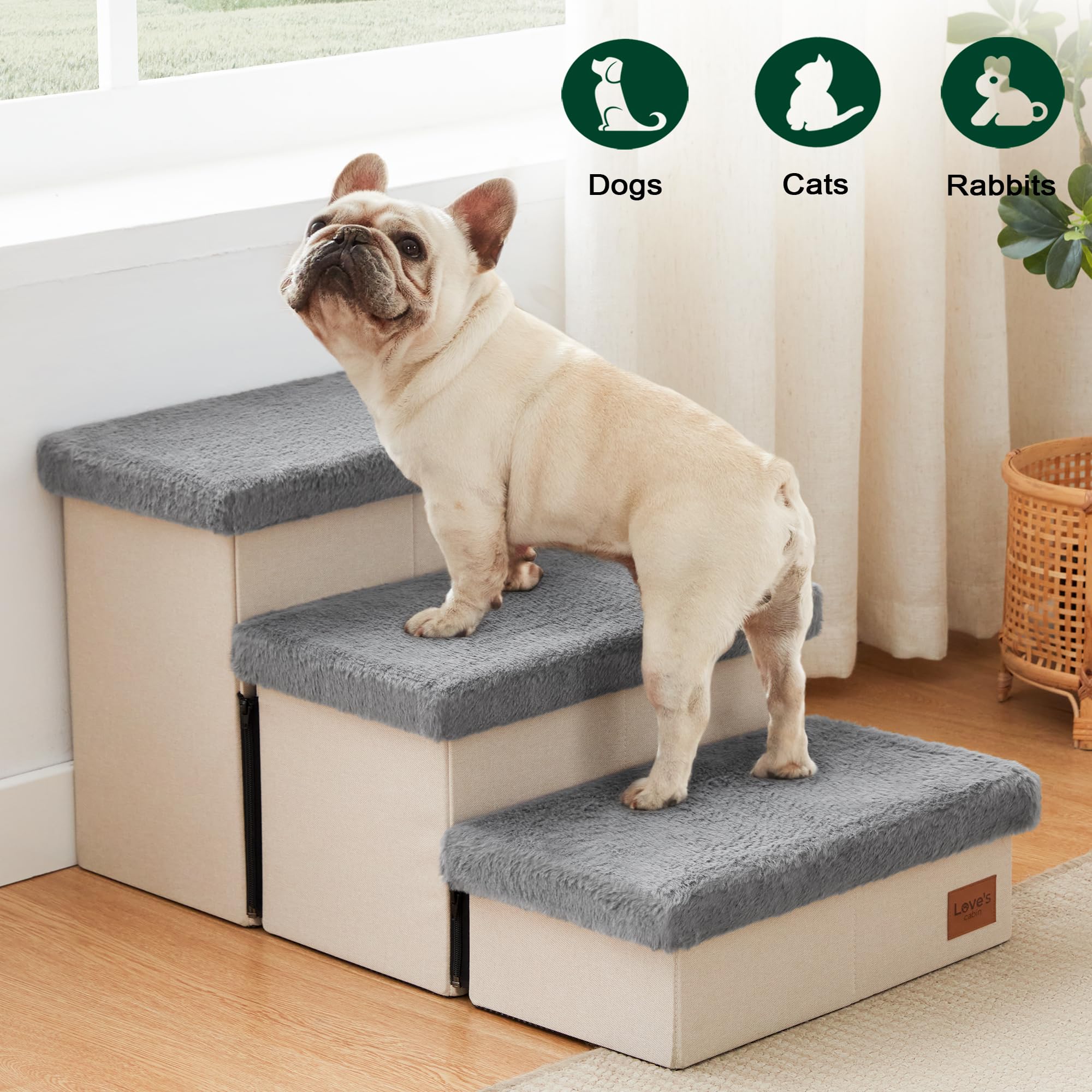 Love's cabin dog stairs grey with pet ready to climb high bed
