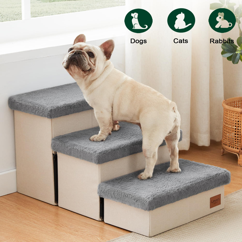 Love's cabin dog stairs grey with pet ready to climb high bed