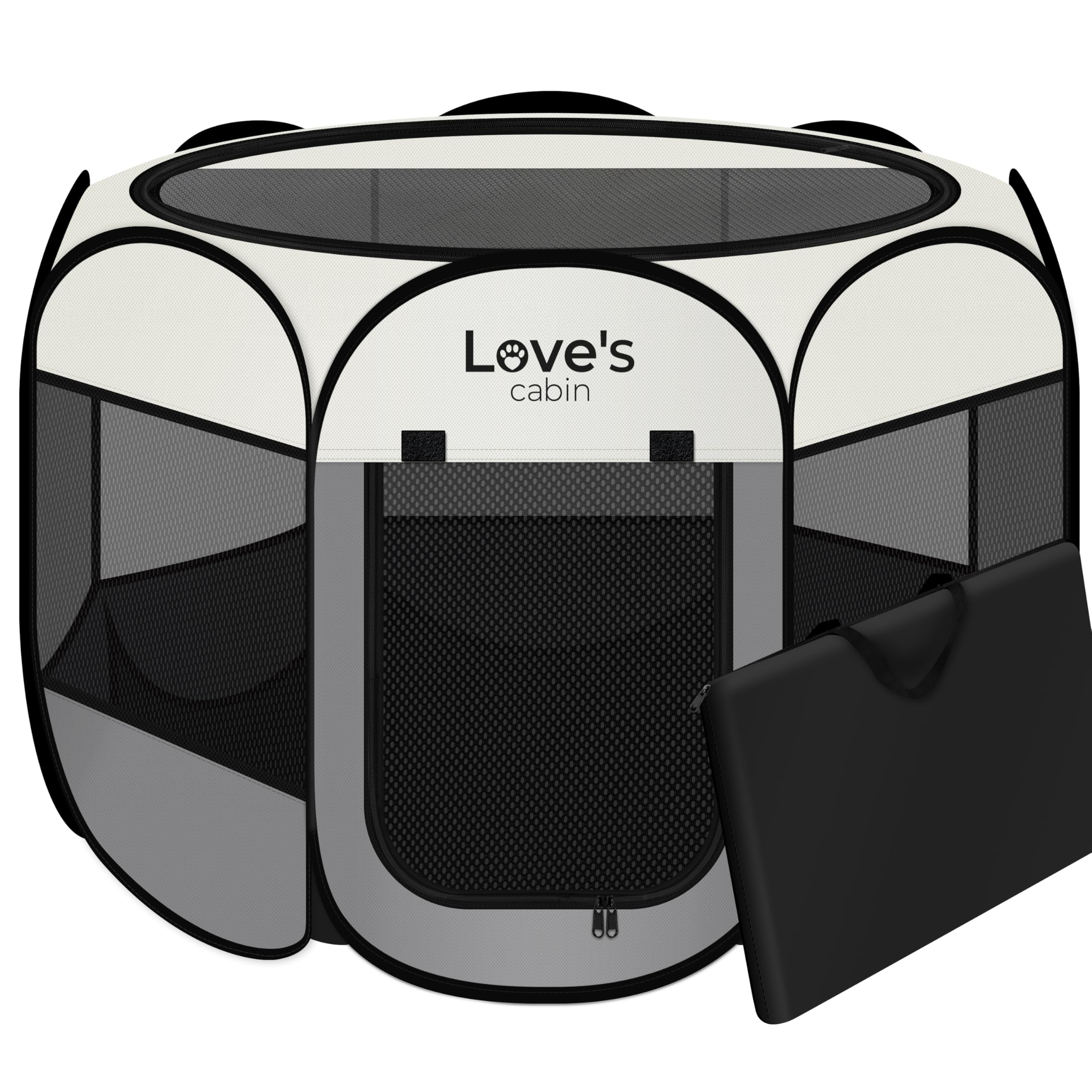 Love's cabin pet playpen circle 8-panel design provides secure indoor play.