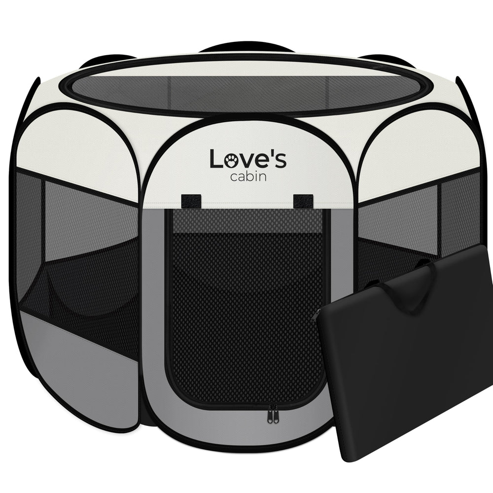 Love's cabin pet playpen circle 8-panel design provides secure indoor play.