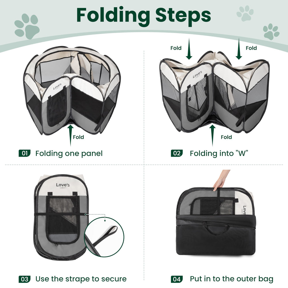 Love's cabin pet playpen water-resistant-material keeps paws clean.