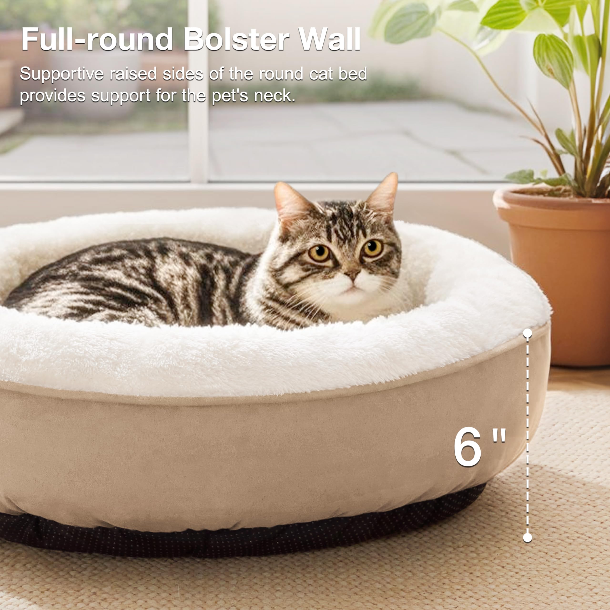 Love's cabin round donut bed camel anti-slip bottom keeping bed in place on floors.