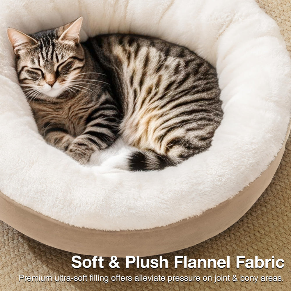 Love's cabin round donut bed camel OEKO-TEX certified fabric ensures safer space.