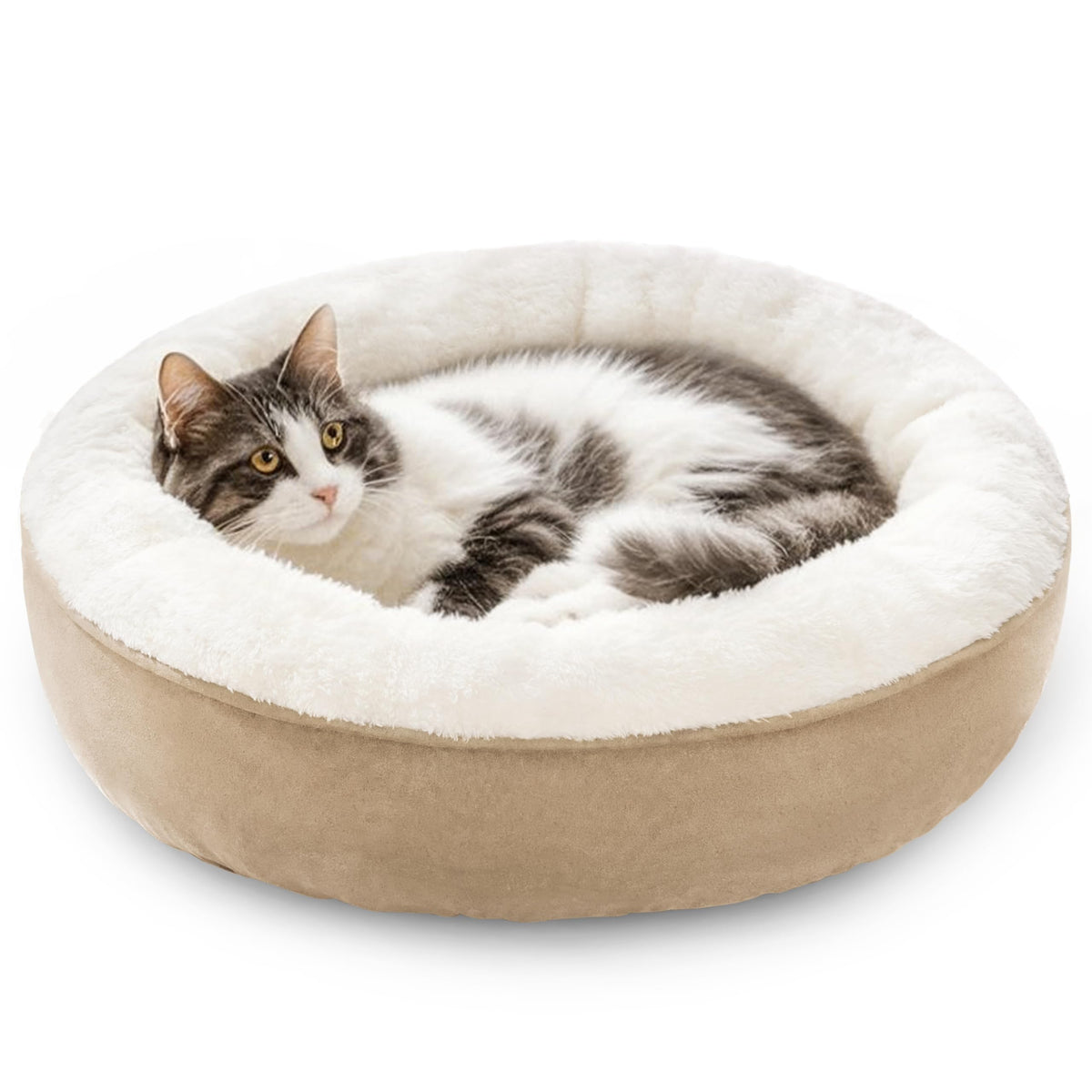 Love's cabin round donut bed camel side view shows cozy cocoon for small pets.