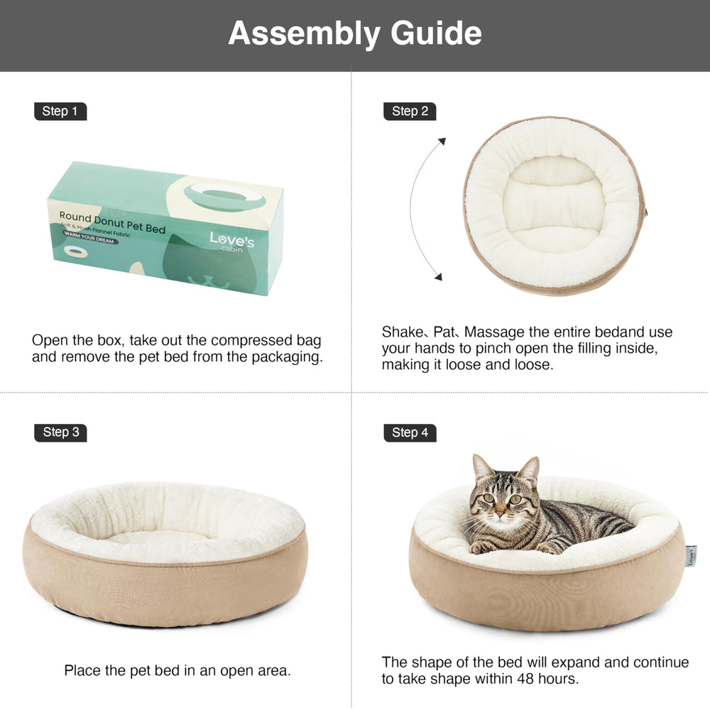 Love's cabin round donut bed camel 20-inch size info showing suitability for small pets.