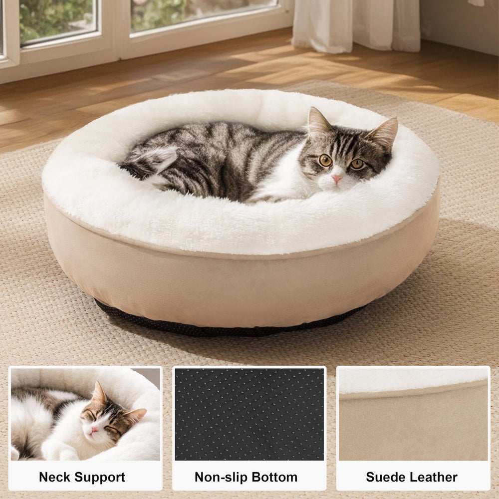 Love's cabin round donut bed camel top view highlights plush interior for curling up.