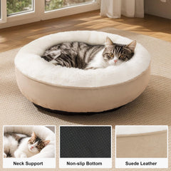 Love's cabin round donut bed camel top view highlights plush interior for curling up.
