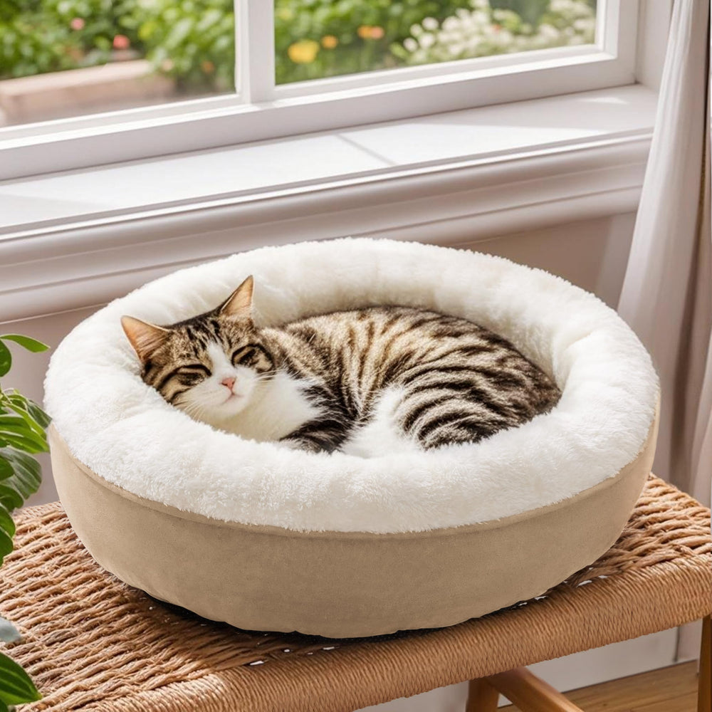 Love's cabin round donut bed camel machine washable care demo in action.