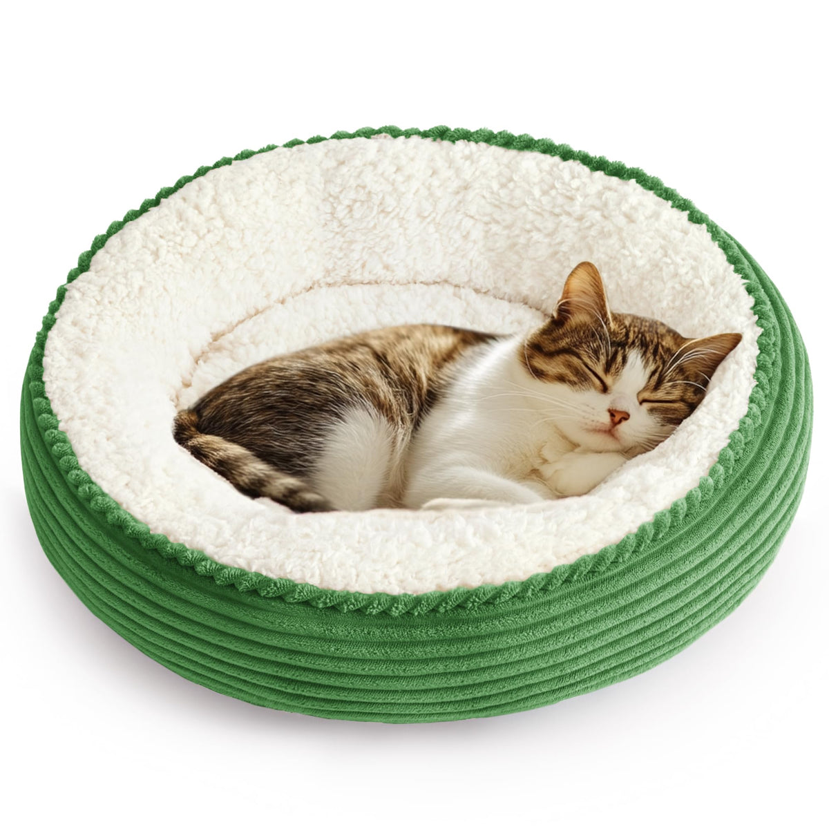 Love's cabin round donut bed green stripe front view shows snug fit for small pets