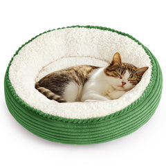 Love's cabin round donut bed green stripe front view shows snug fit for small pets