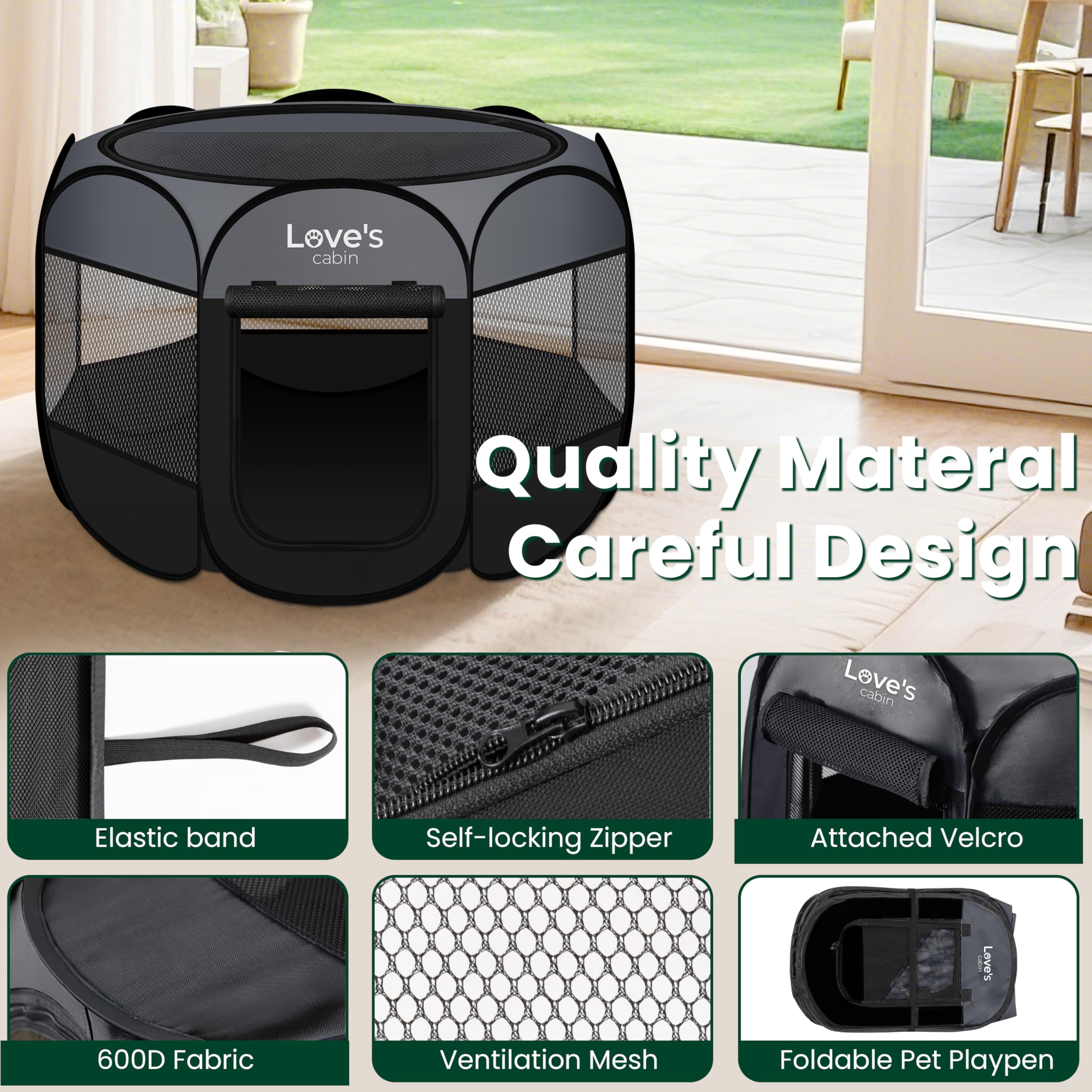 Love's cabin water-resistant mesh and fabric withstand outdoor use and easy cleaning