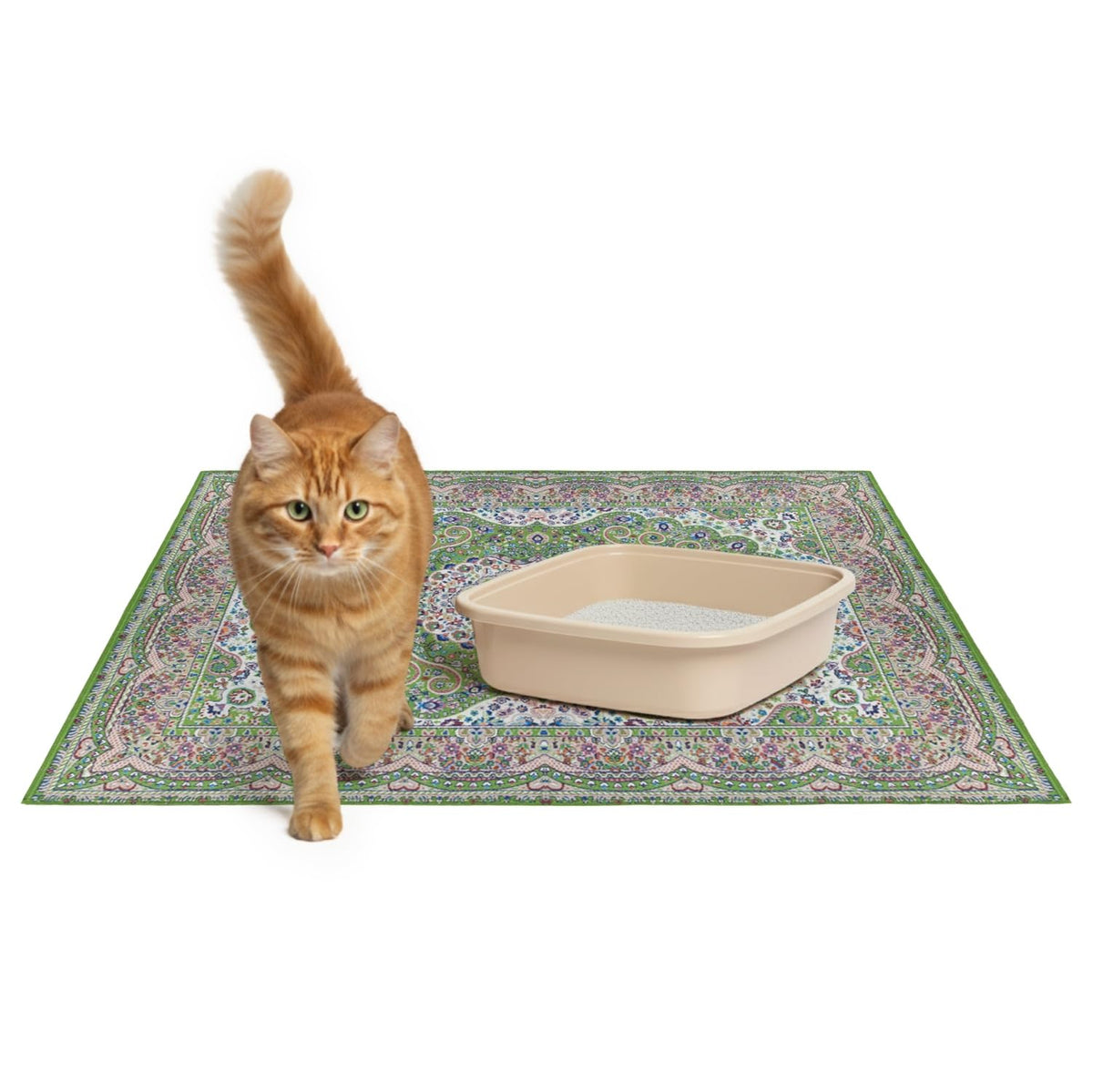 Lovewag cat litter mat in Peacock Garden captures dirt around the box.