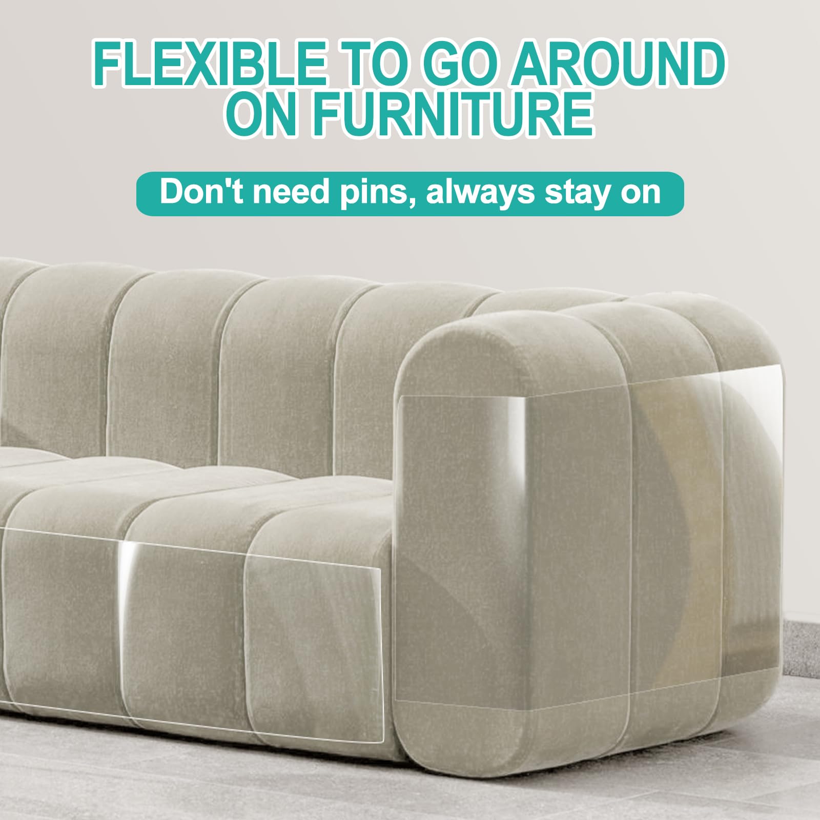 Lovinch couch protector demonstrates curve-friendly coverage with flexible wrap.