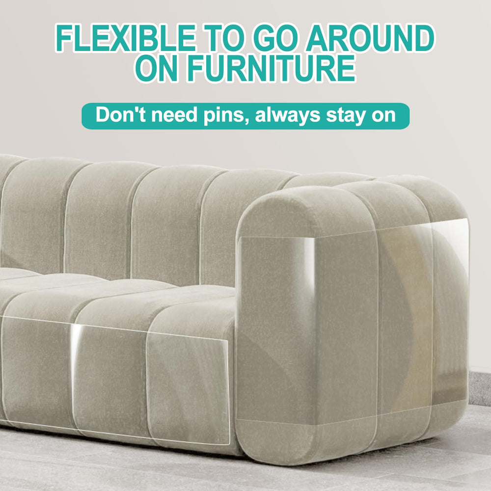 Lovinch couch protector demonstrates curve-friendly coverage with flexible wrap.