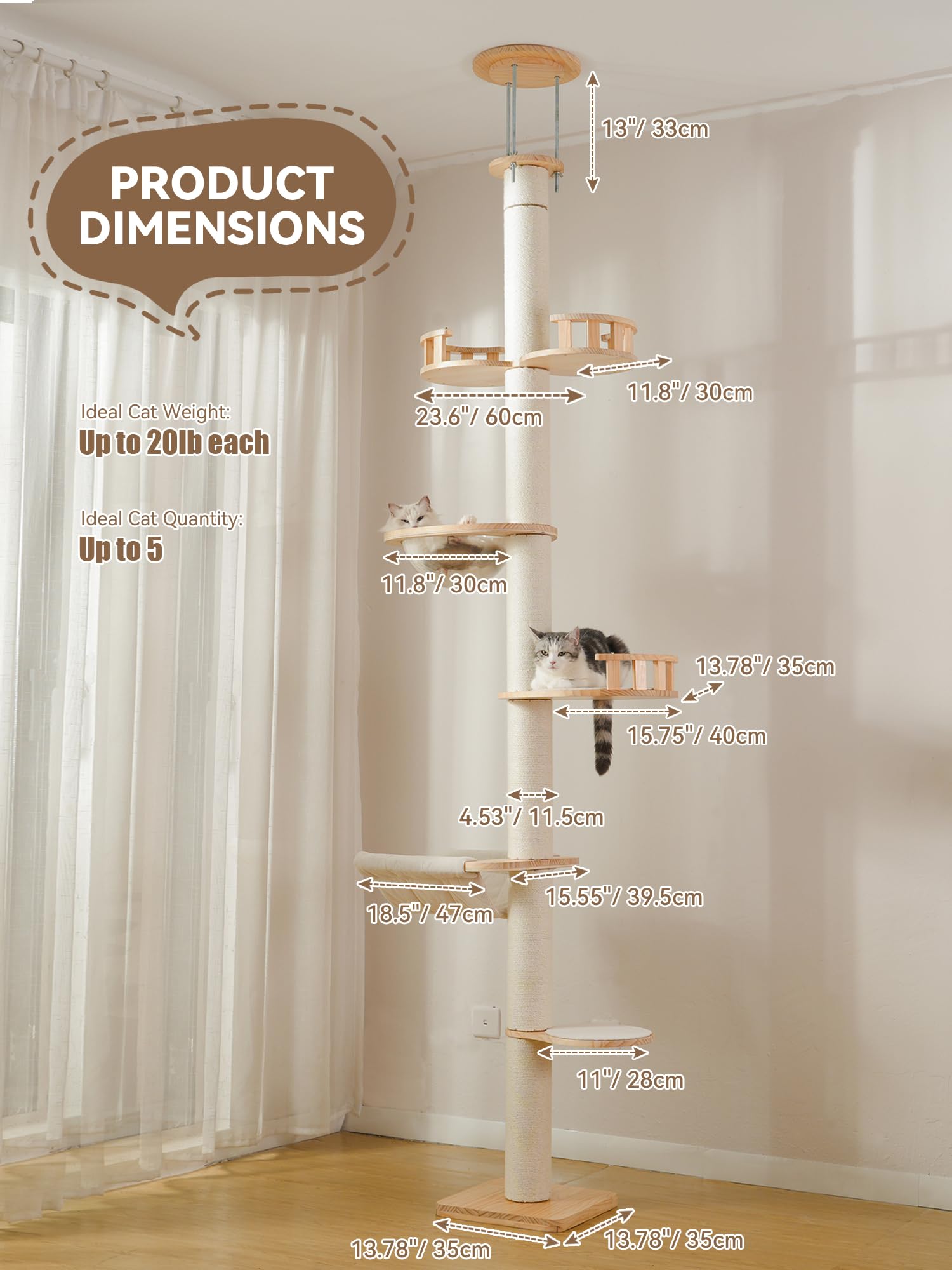 LOVINFURBABY floor-to-ceiling cat tree height-adjust design adapts to tall ceilings.