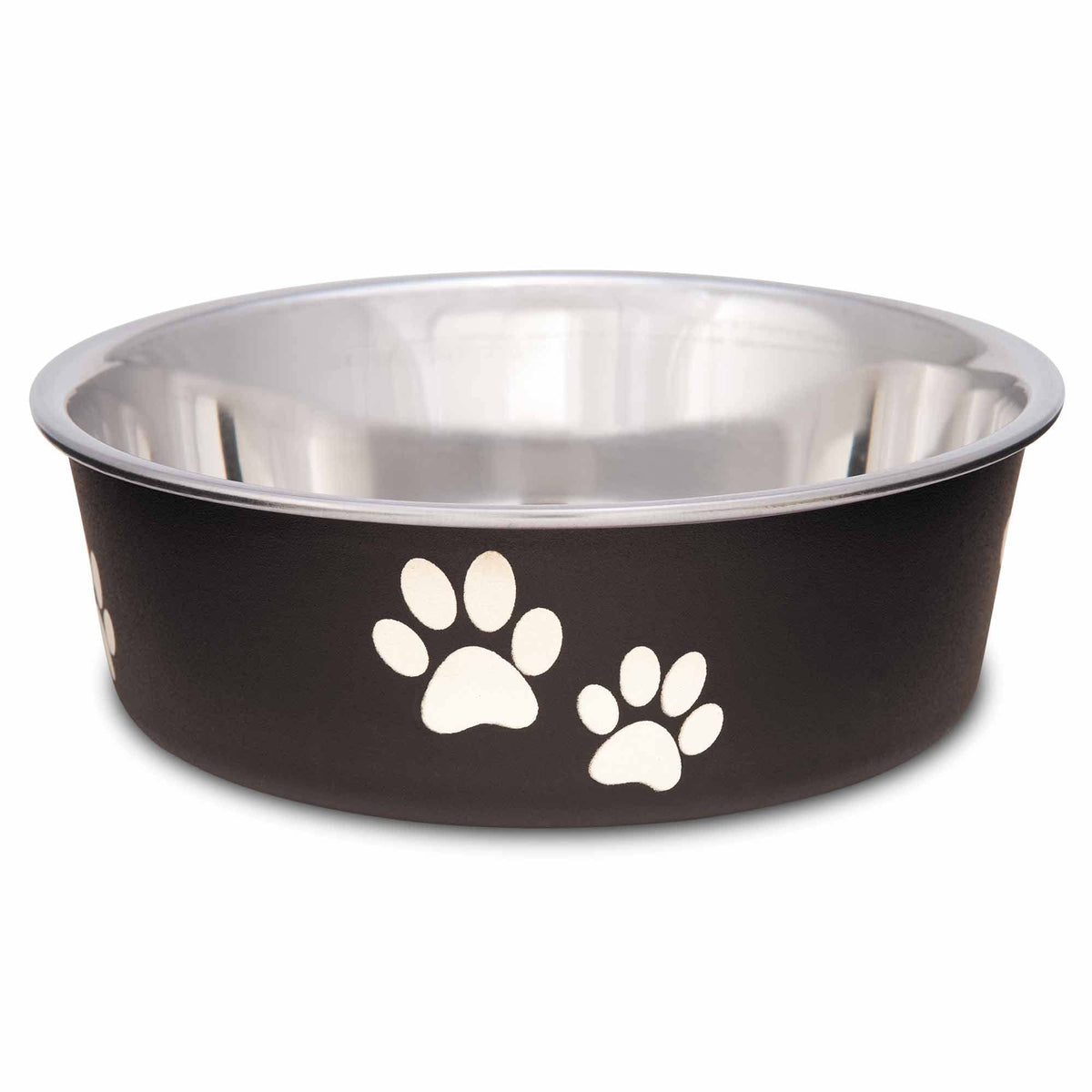 Loving Pets Bella dog bowl in espresso front view showing spill-resistant design