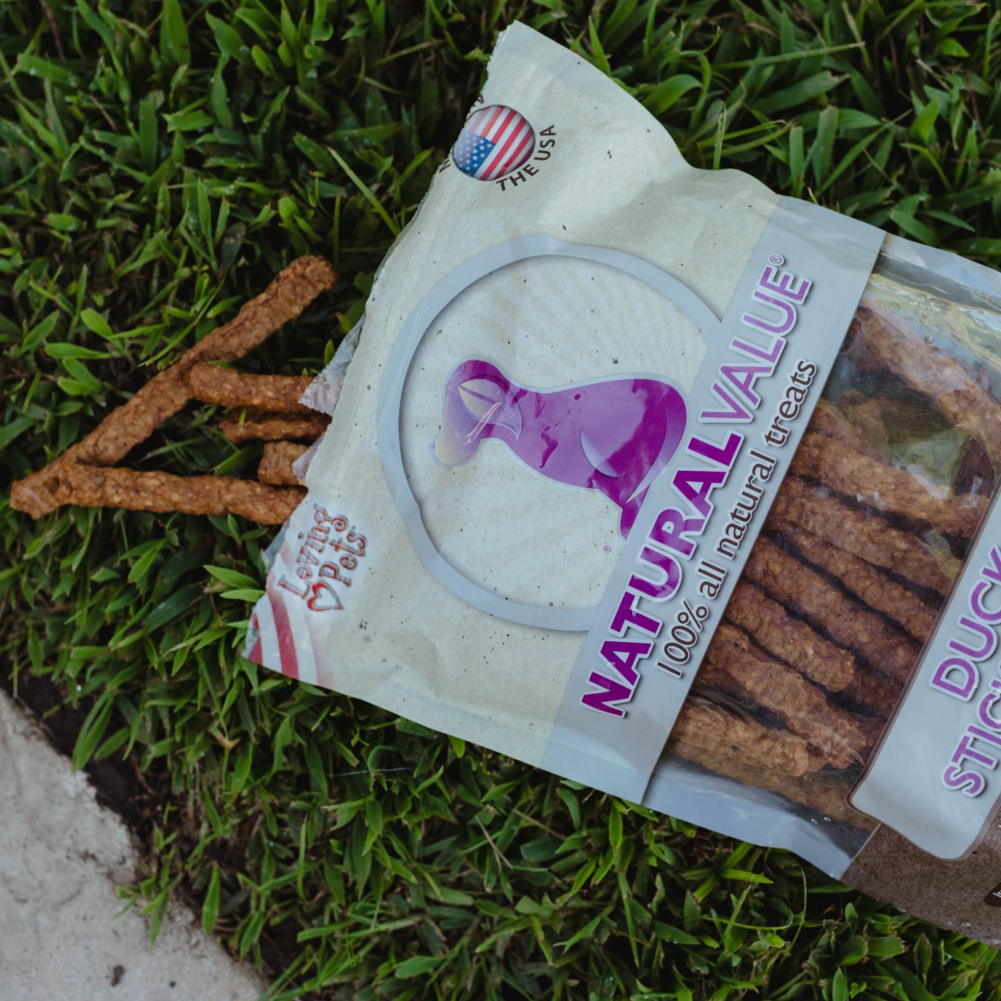 Loving Pets Natural Value duck sticks USA-made origin signals trusted, domestic production.