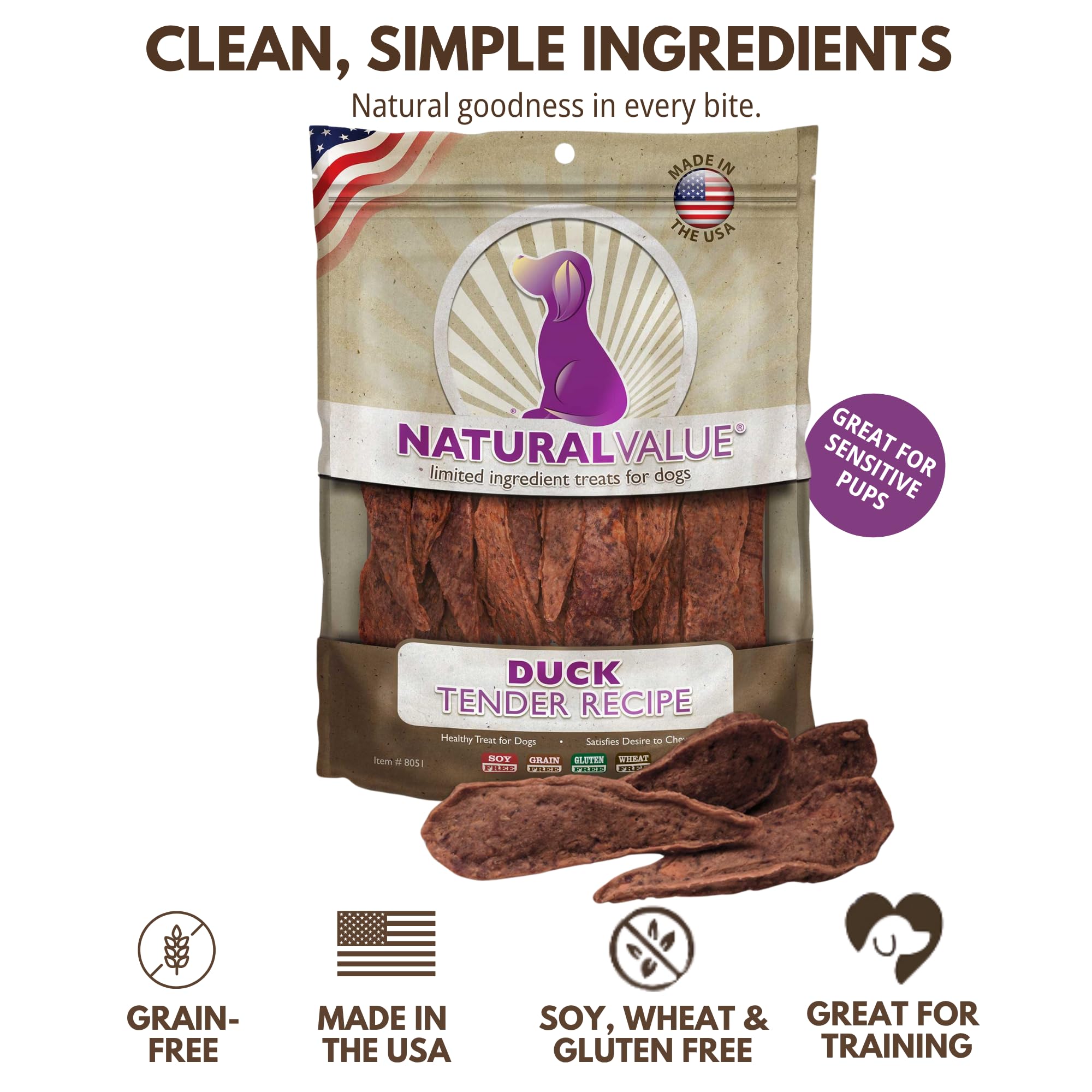 Loving Pets Natural Value duck tenders on a dog's paw highlight soft chew texture for rewards.