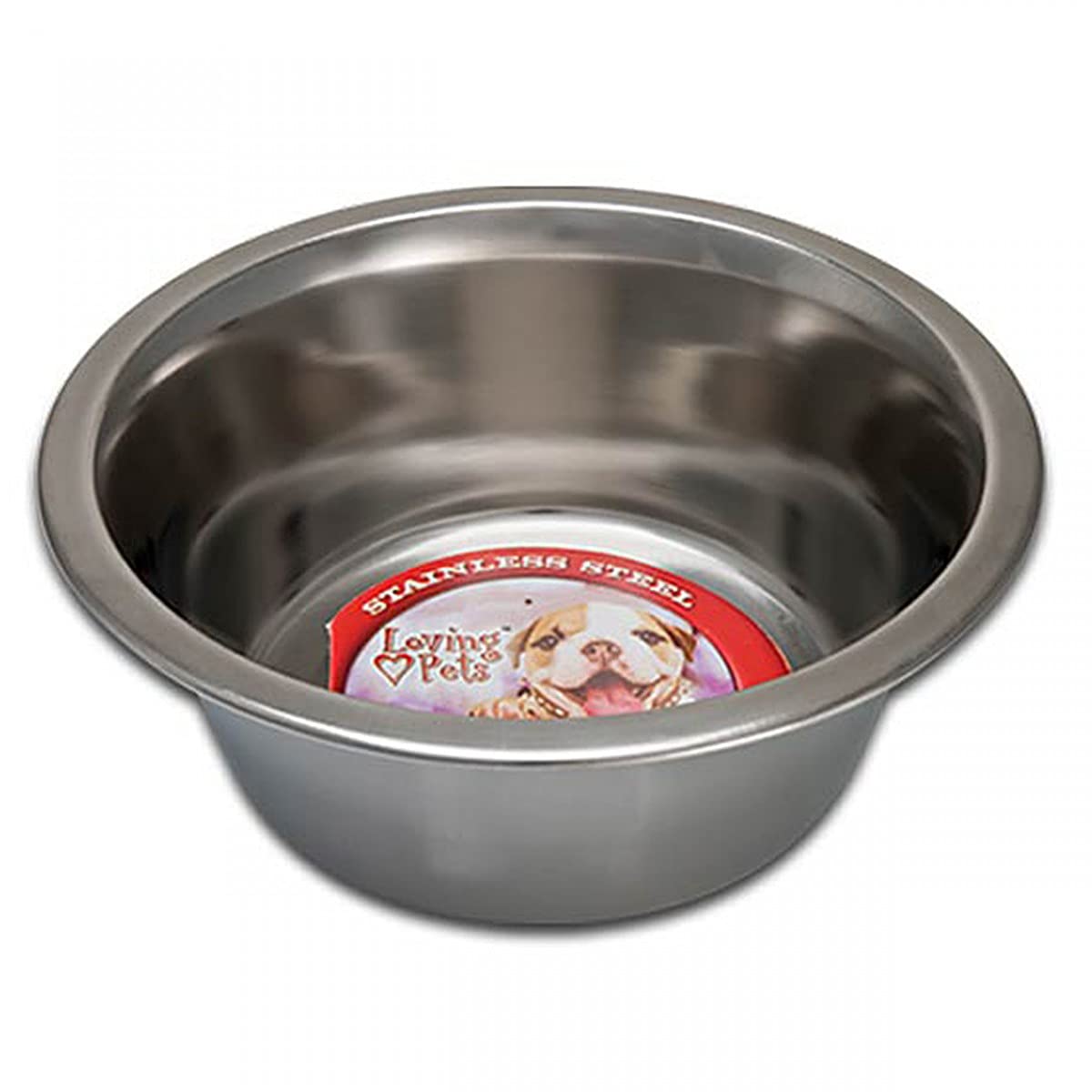 Loving Pets standard stainless dish 3-quart wide shot highlights rust-proof nickel surface for longevity