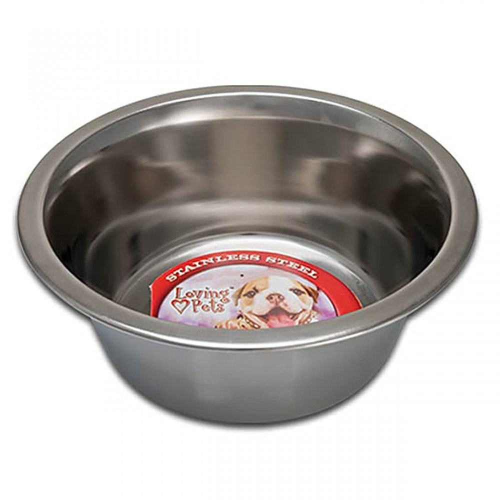 Loving Pets standard stainless dish 3-quart wide shot highlights rust-proof nickel surface for longevity