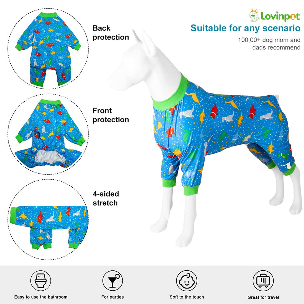 LovinPet blue-dinosaur-print back view offering full coverage and style.