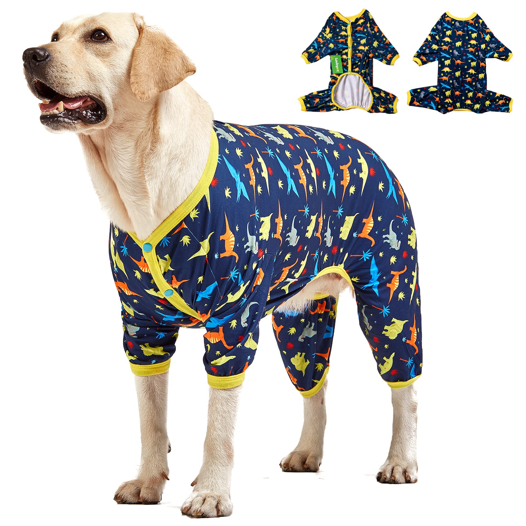 LovinPet dinosaur navy pajama front view shows snug fit and hair-shedding control.