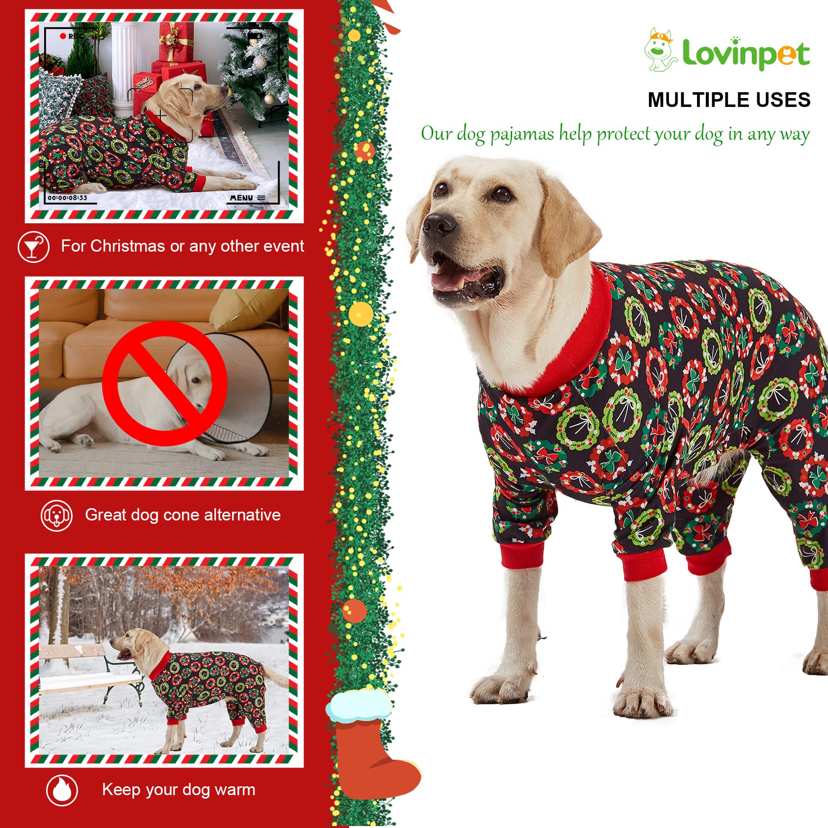 LovinPet XL dog Christmas pajamas wreath print, eye-catching holiday style
