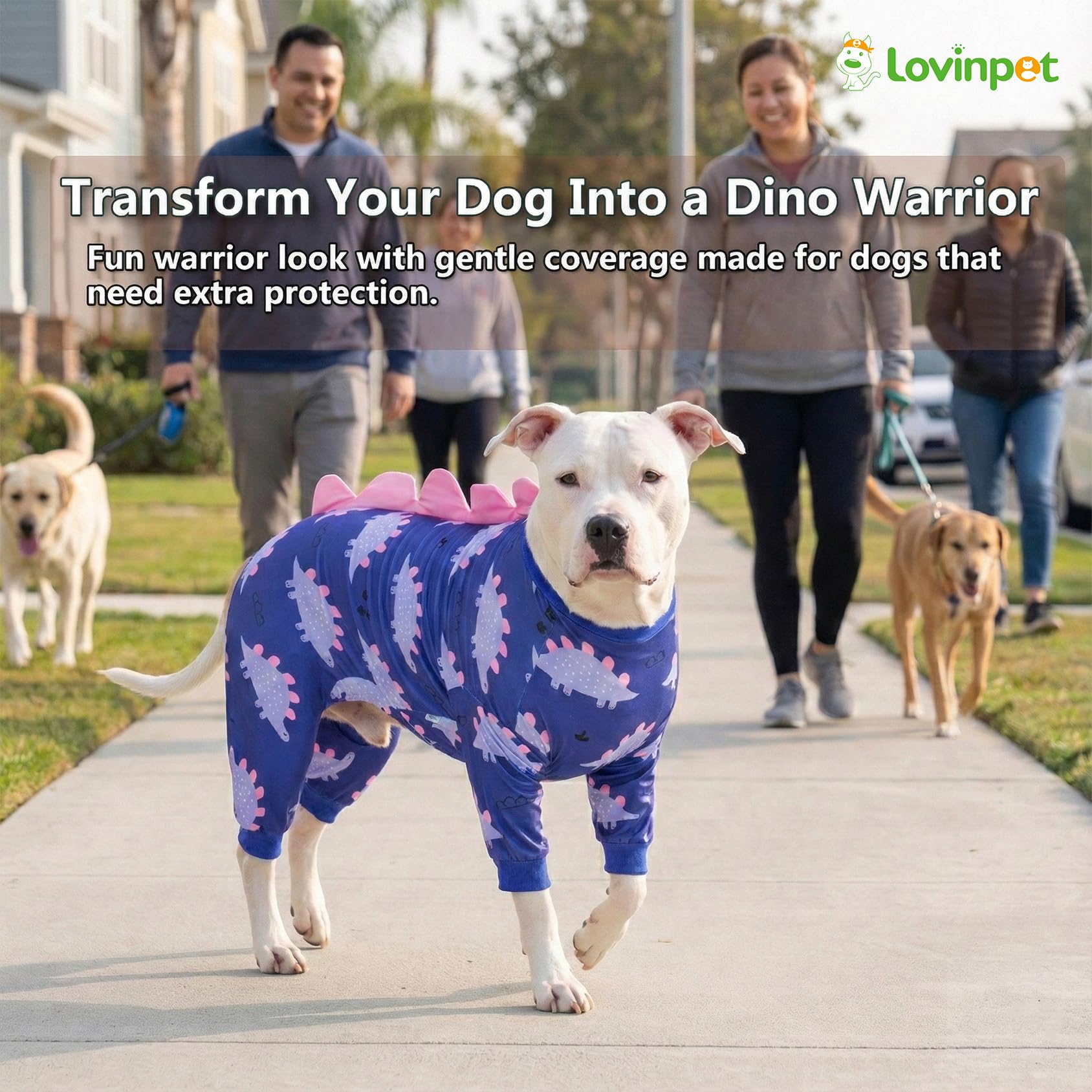 LovinPet four-leg-onesie close-up emphasizes machine-washable, durable fabric for daily wear.