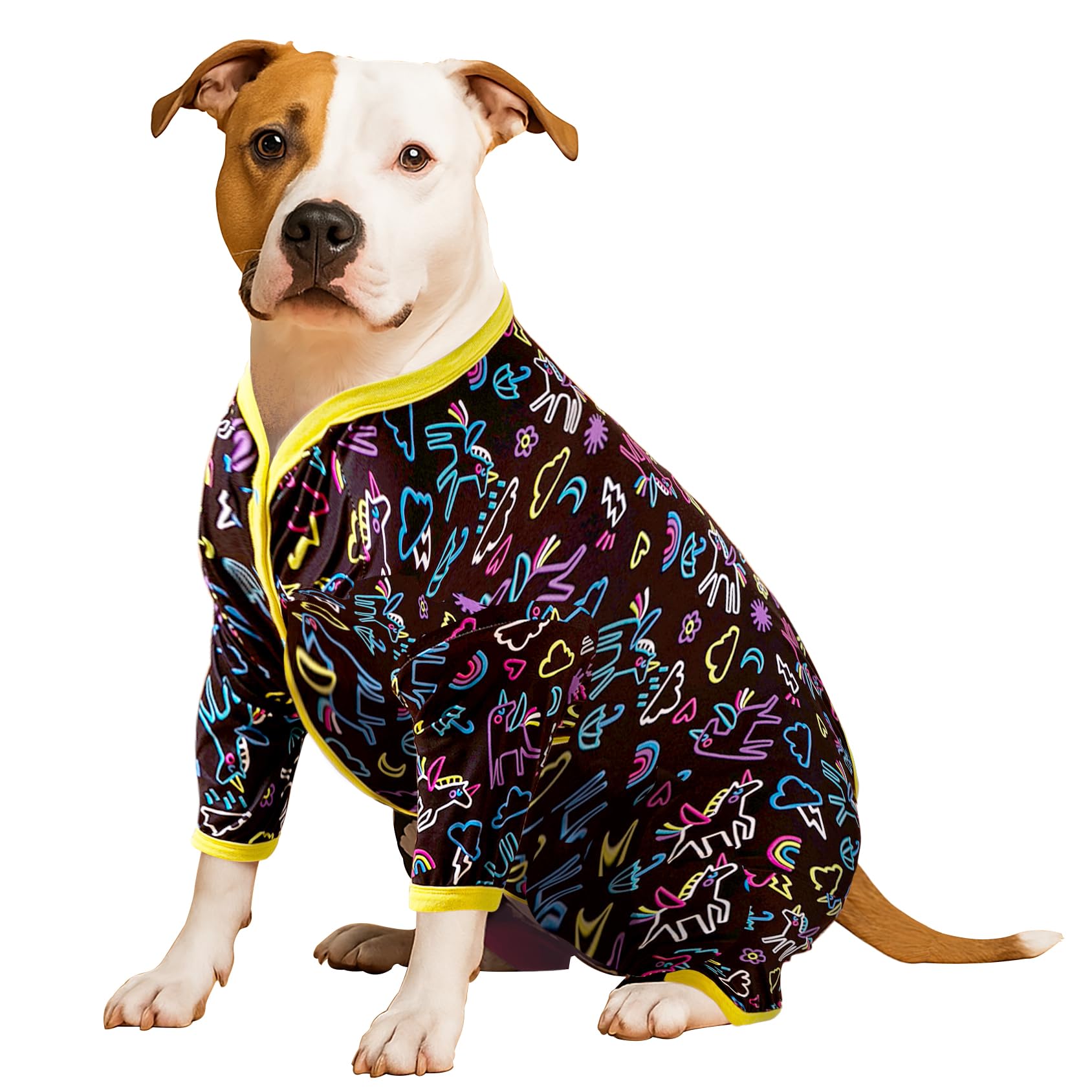LovinPet unicorn blue dog pajamas front view showing comfortable stretch knit for easy movement