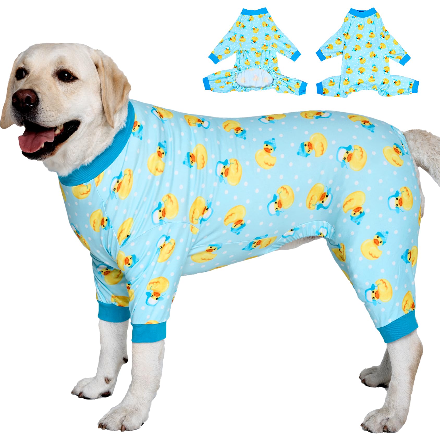 LovinPet dog pjs in blue print; comfy, reduces shedding on furniture and car trips.