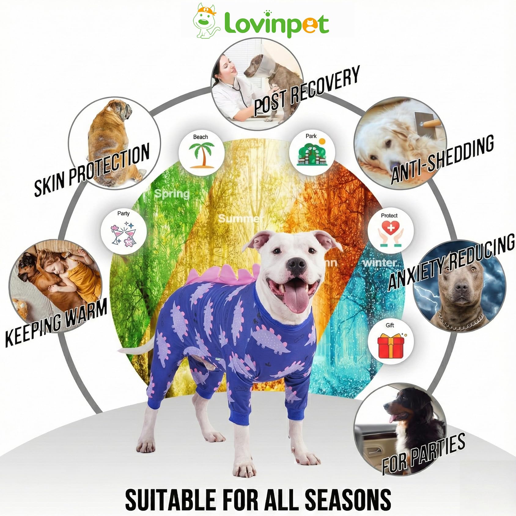 LovinPet dog-pajamas-easy-on-off image demonstrates quick put-on design for busy households.