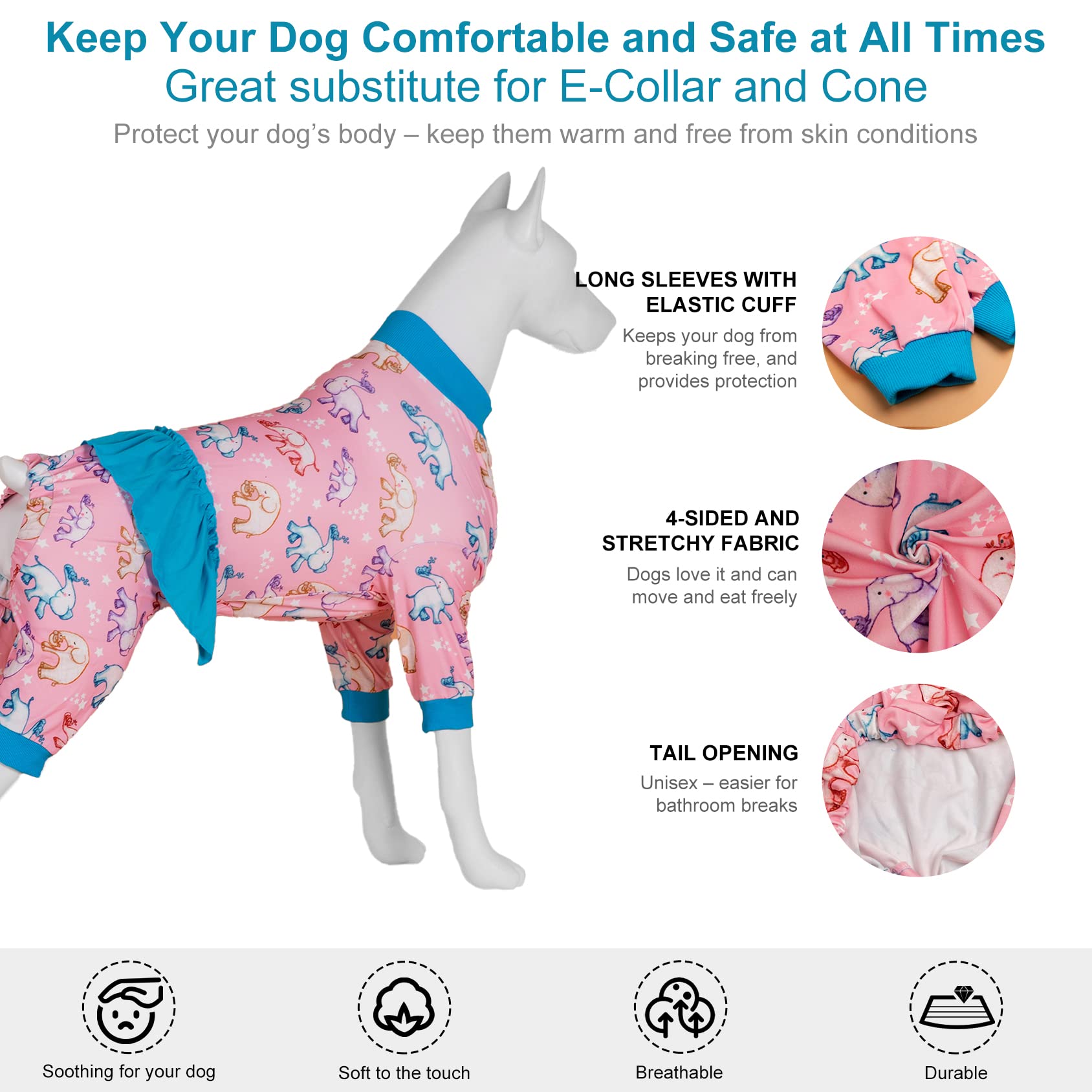 LovinPet large-dog-onesie easy-on-off close up shows elastic soft fabric
