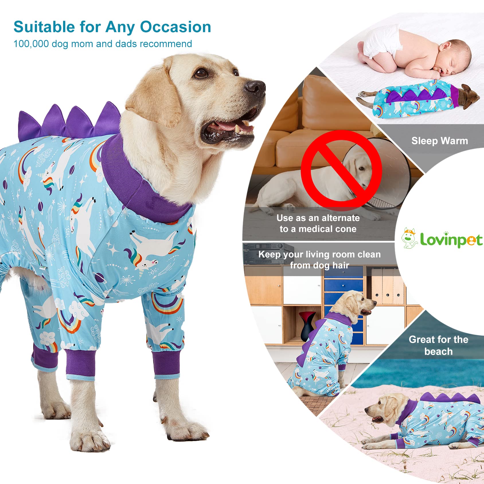 LovinPet large dog pajamas featuring dinosaur decor and petal collar for charming party wear.