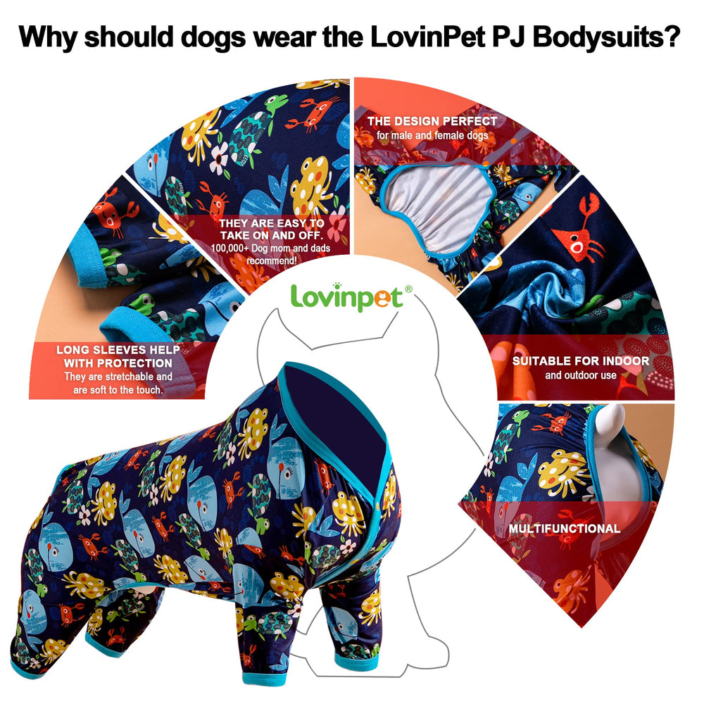 LovinPet recovery-style pajama for large dogs helps limit exposure to dirt.