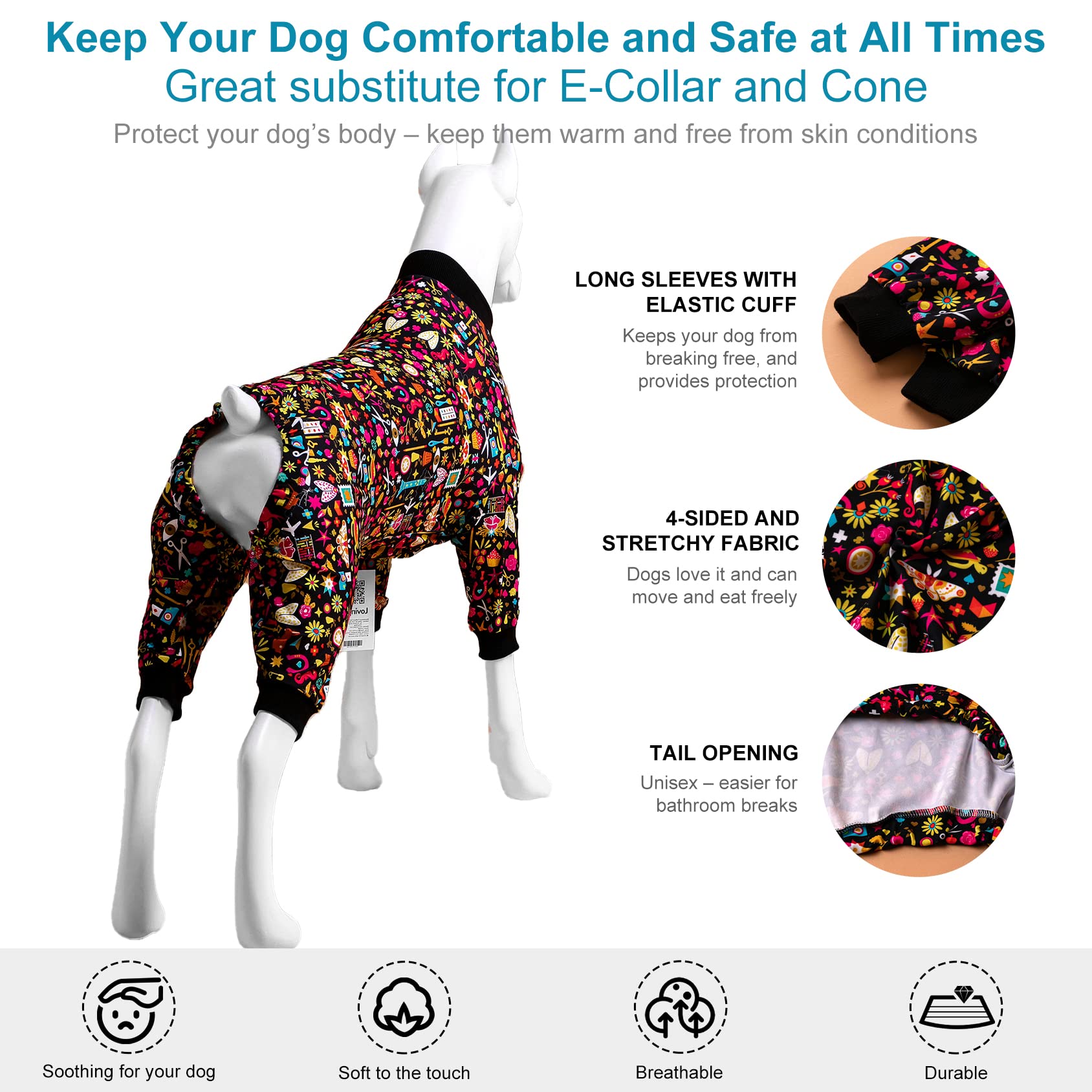LovinPet machine-washable pajama with durable stitching for repeated washes.