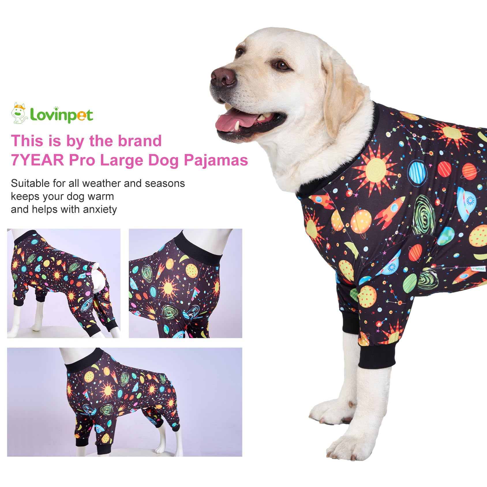 LovinPet pijama grande intergalactico negro, anti-lamidos, perfecto para días relajados en casa.