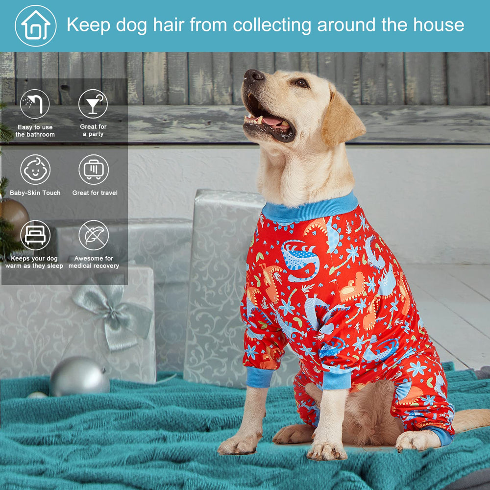 LovinPet pitbull pajamas dinosaur jungle-red print for gentle warmth after surgery.