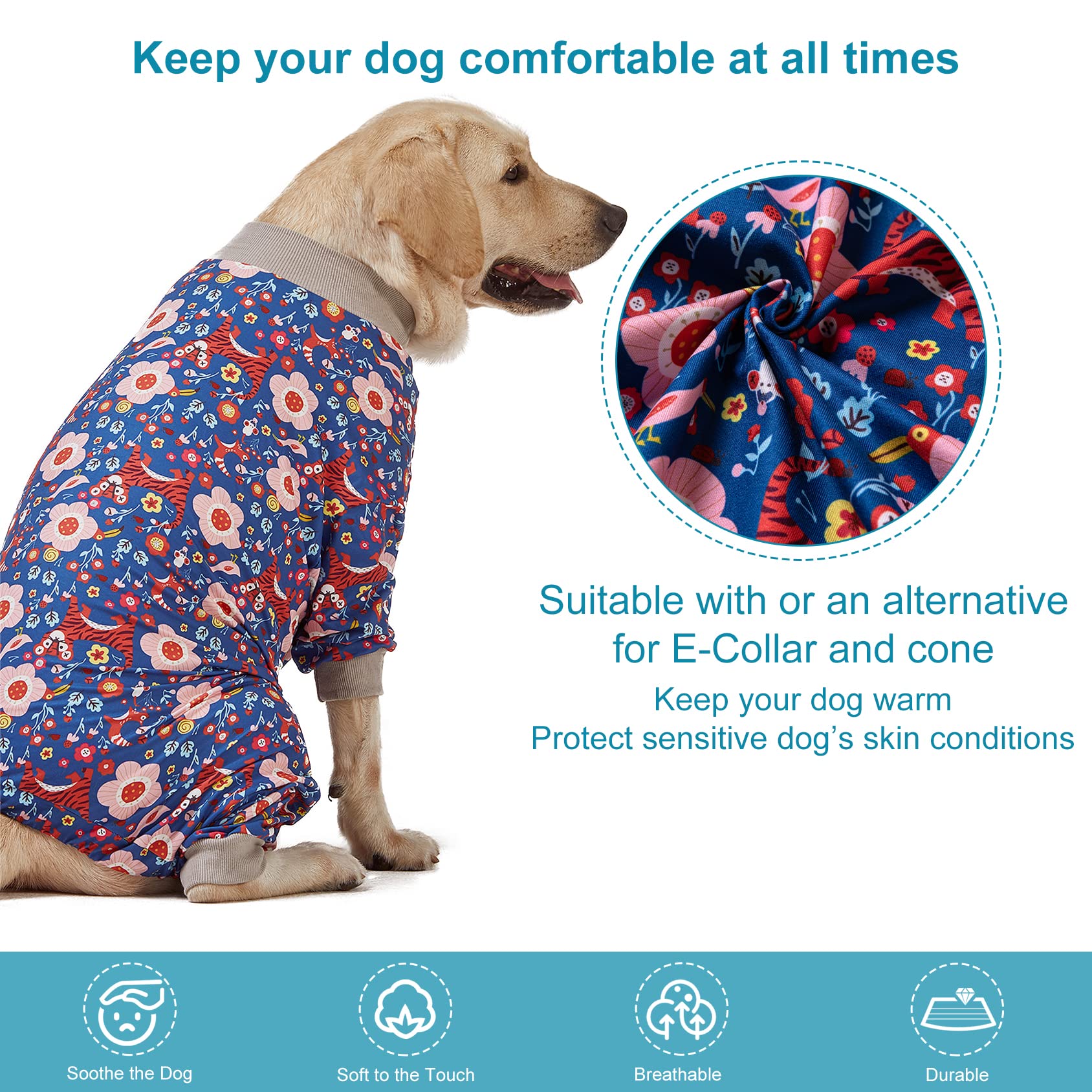 Pijama LovinPet de tejido elástico para movimientos suaves en perros grandes.