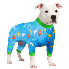 LovinPet post-surgery onesie front view with blue dinosaur print for protection and comfort.