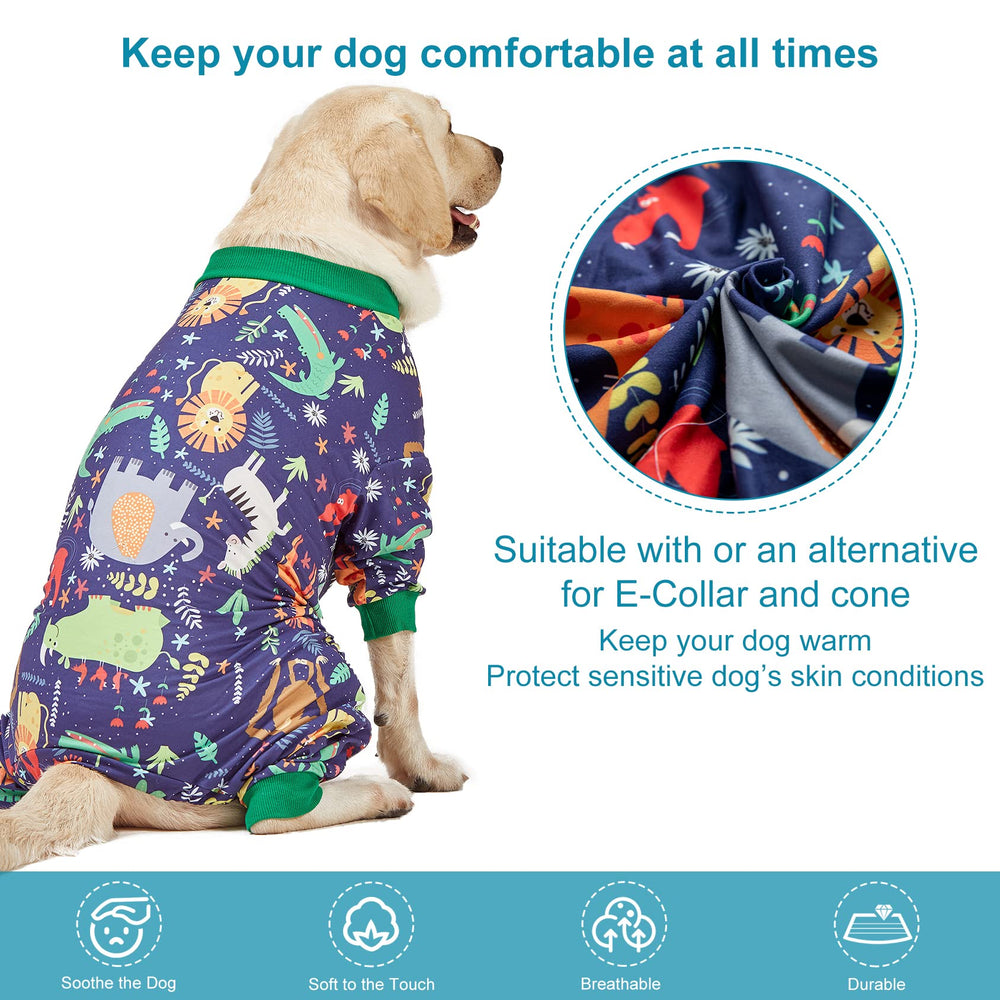 LovinPet recovery suit dog pajamas side view with easy-on design for recovery comfort.