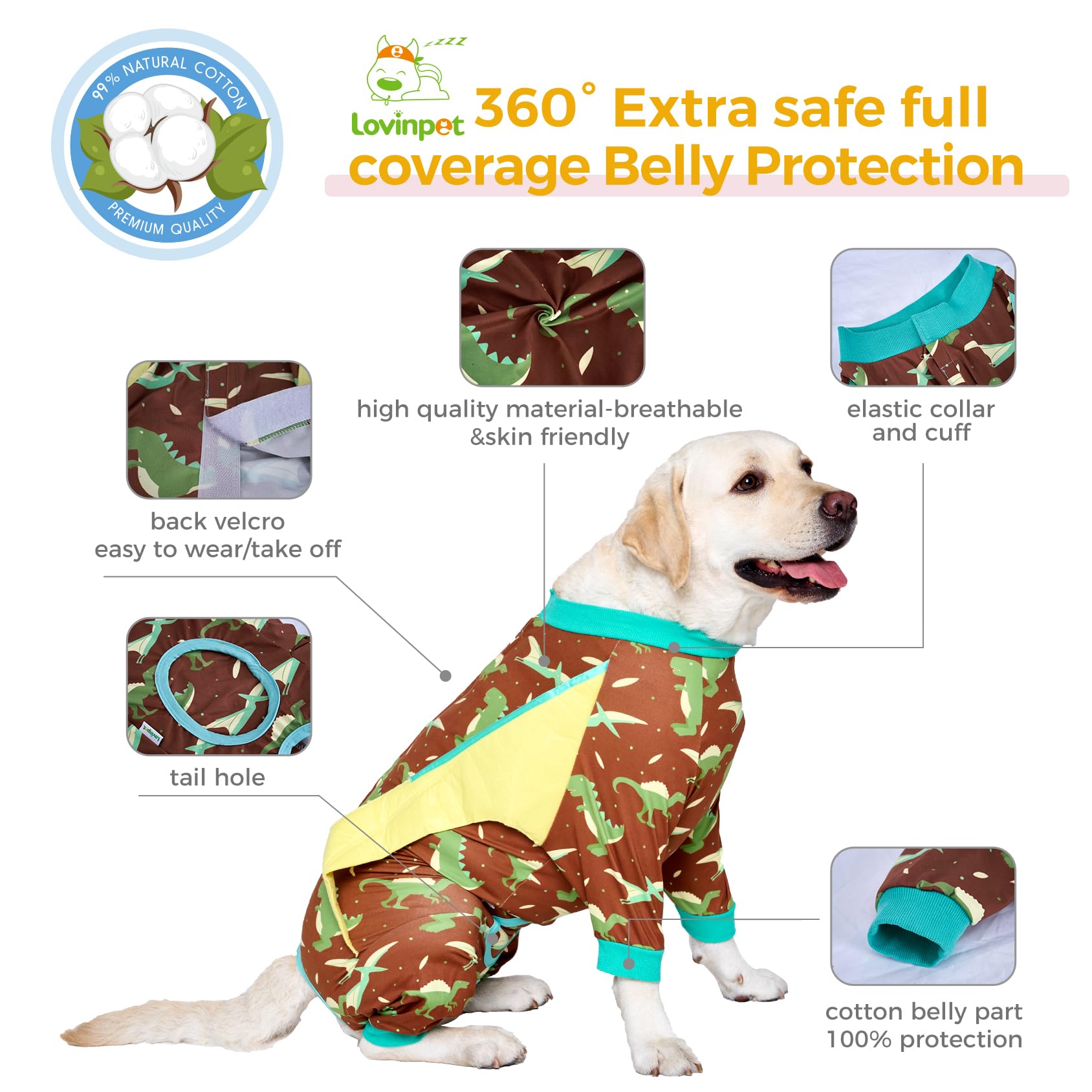 LovinPet recovery suit easy-to-wear design keeps dogs comfortable.