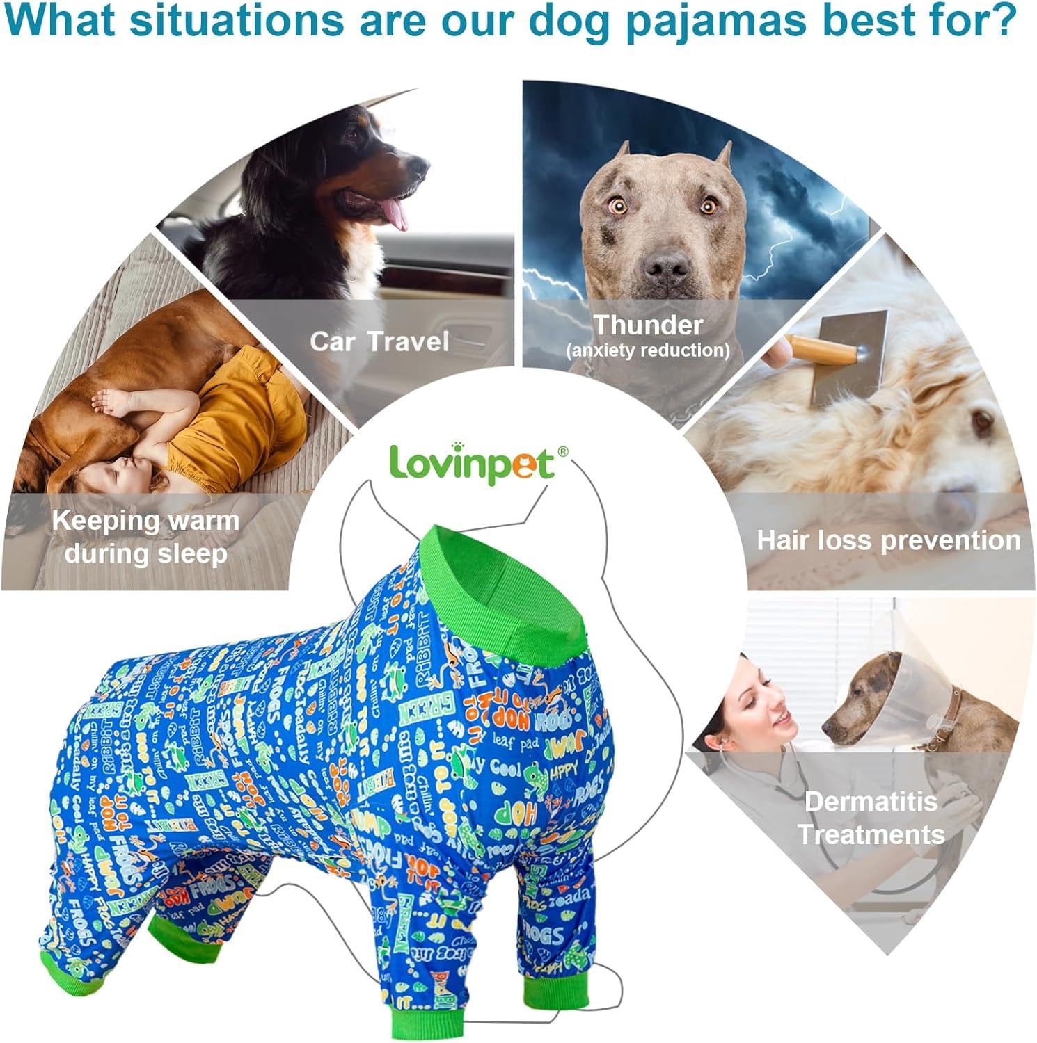 LovinPet soft cozy dog onesie fit demonstrated on a relaxed pup.